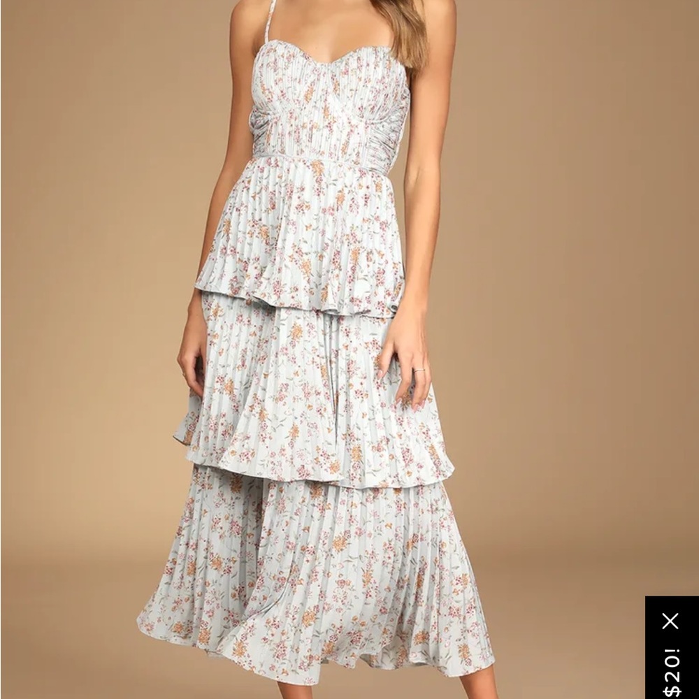 Lulu’s Cascading Crush Pale Blue Floral Print Tiered Bustier Midi Dress